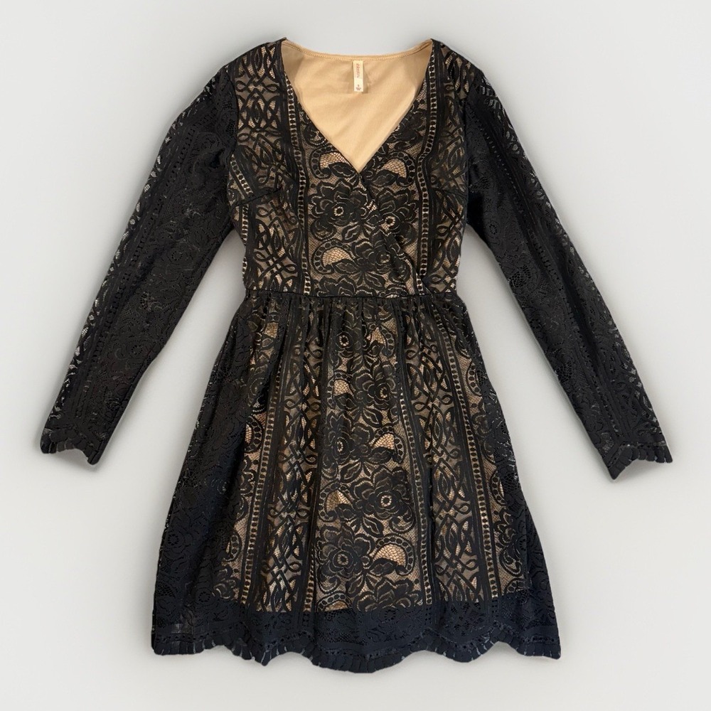 Xhilaration Black Lace Dress Women's S Long Sleeve Sheer Party cocktail wedding